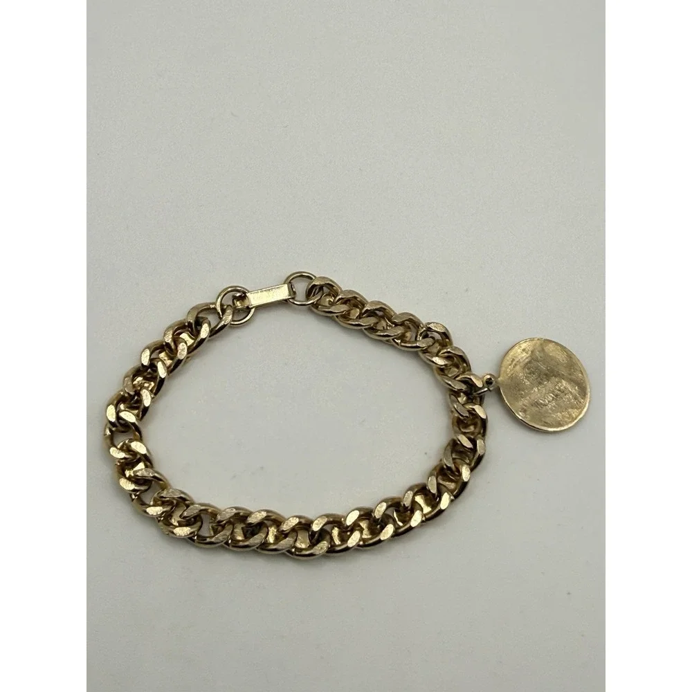 Vintage Gold Tone Link Bracelet Disc Round Dangle Engravable